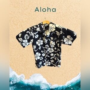 RJC Mad in Hawaii USA Boys Size 8 Black & White Hawaiian Floral Print Shirt Top